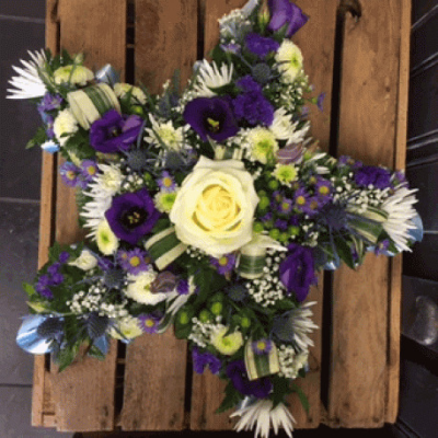 Blue Star Tribute - Pink or Blue Star Tribute
A beautiful pink & cream Star Tribute. Roses, Chrysanthemums, Iris and alstromeria sit perfectly alongside variegated and lime Dracaena, Astilbee , Cocculus, Salal and Gypsophlia.