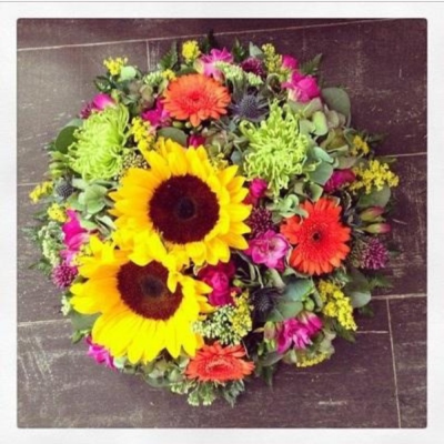 Sunflower Posy - Contemorary Summer Posy Pad
A beautiful Vibrant summer Posy Pad. Sunflowers, Bloom Chrysanthemums, gerbra and Thistle sit perfectly alongside variegated and lime Dracaena, Astilbee , Cocculus, Salal and Eustomia.

Hand delivered by your local florist in Bury St Edmunds, Susettes Flowers.

Image shown is Large 14" 

Also avaiable in Standard 10" & Medium 12"