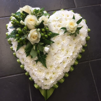 Classic White Heart - A beautiful white based heart with cream avalanche Rose and hypericum corsarge alongside variegated pitto and lime Dracaena, Chinna grass and ming fern complete the stunning arrangement.

Hand delivered by your local florist in Bury St Edmunds, Susettes Flowers.

Image shown is Medium 15"

Also avaiable in Standard 12" & Large Sizes 17"