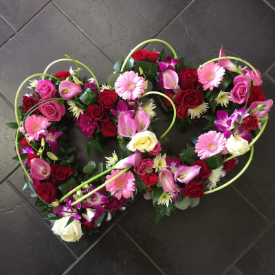 Rose & Orchid Double Heart - A beautiful red and green double heart. Red & Pink Roses, Cymbidium Orchids, Calla Lilys, Carnations and mini gerbra sit perfectly alongside variegated dracena leaves and lime Pittosporum, ming fern, Dill, Salal and natural Raffia touches.