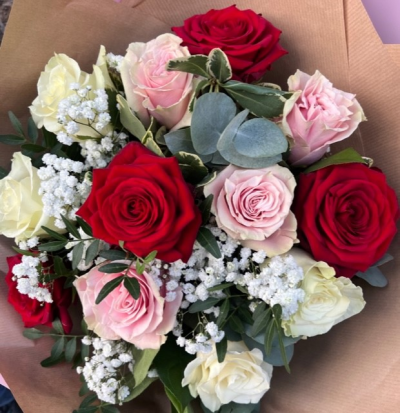 Mixed rose hand tied - A selection of the best quality roses in red, pink and white with a selection of seasonal foliage and gypsophila. A perfect gift for any occasion. Delivered by you local florist. 

Available with 12, 18 and 24 roses